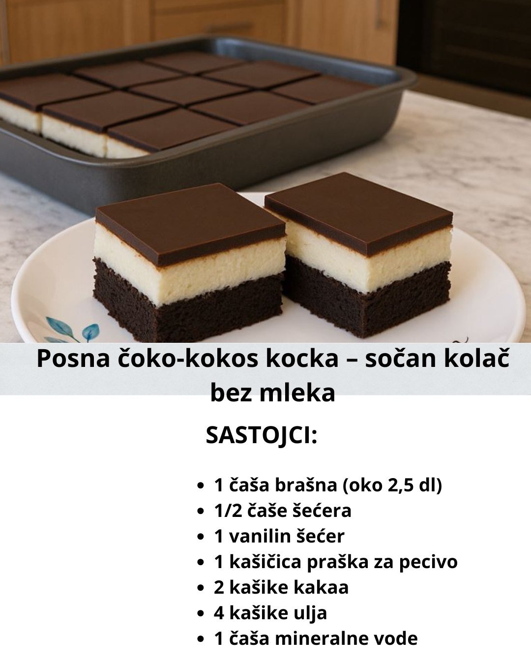 Posna čoko-kokos kocka – sočan kolač bez mleka