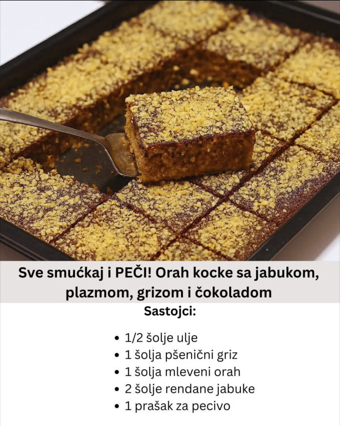 Orah kocke sa jabukom, plazmom, grizom i čokoladom — jednostavno, sočno i brzo!