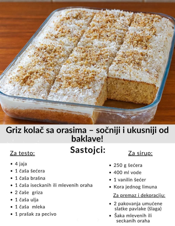 GRIZ KOLAČ SA ORASIMA – SOČNIJI I UKUSNIJI OD BAKLAVE!